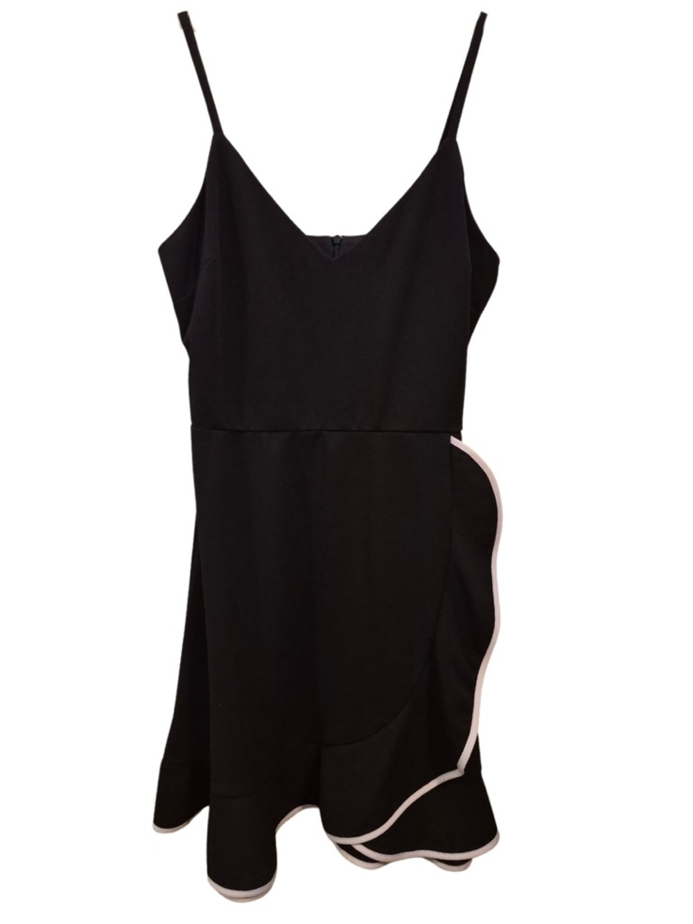 AQUA Flounce Detail Black Mini Dress with White Trim